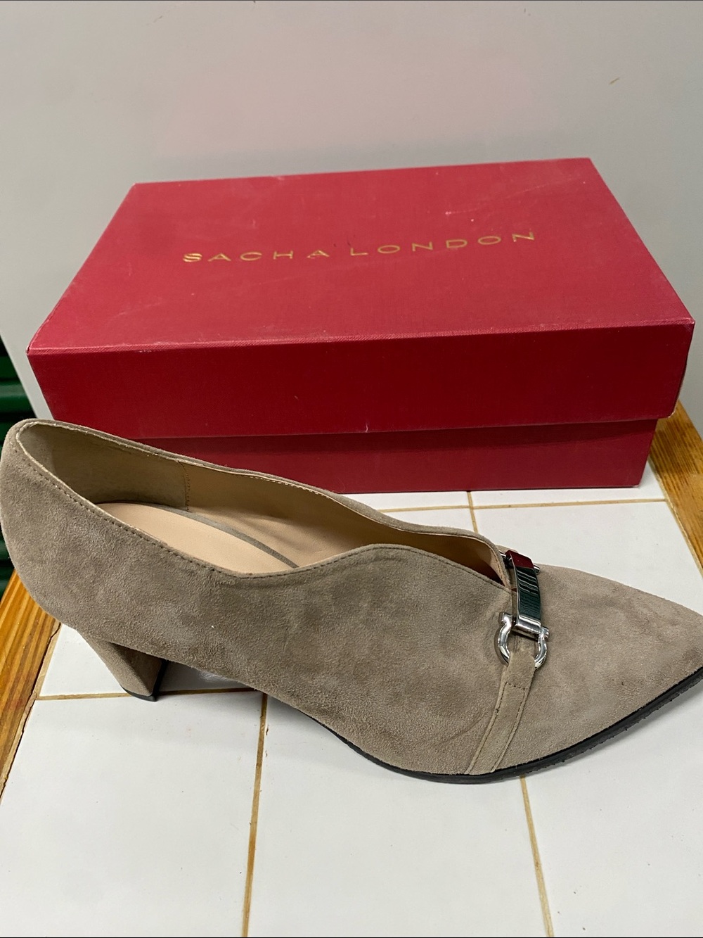 Sacha London Taupe Suede Pointed Block Heel Mule with Silver Bit-8 NIB Elegant